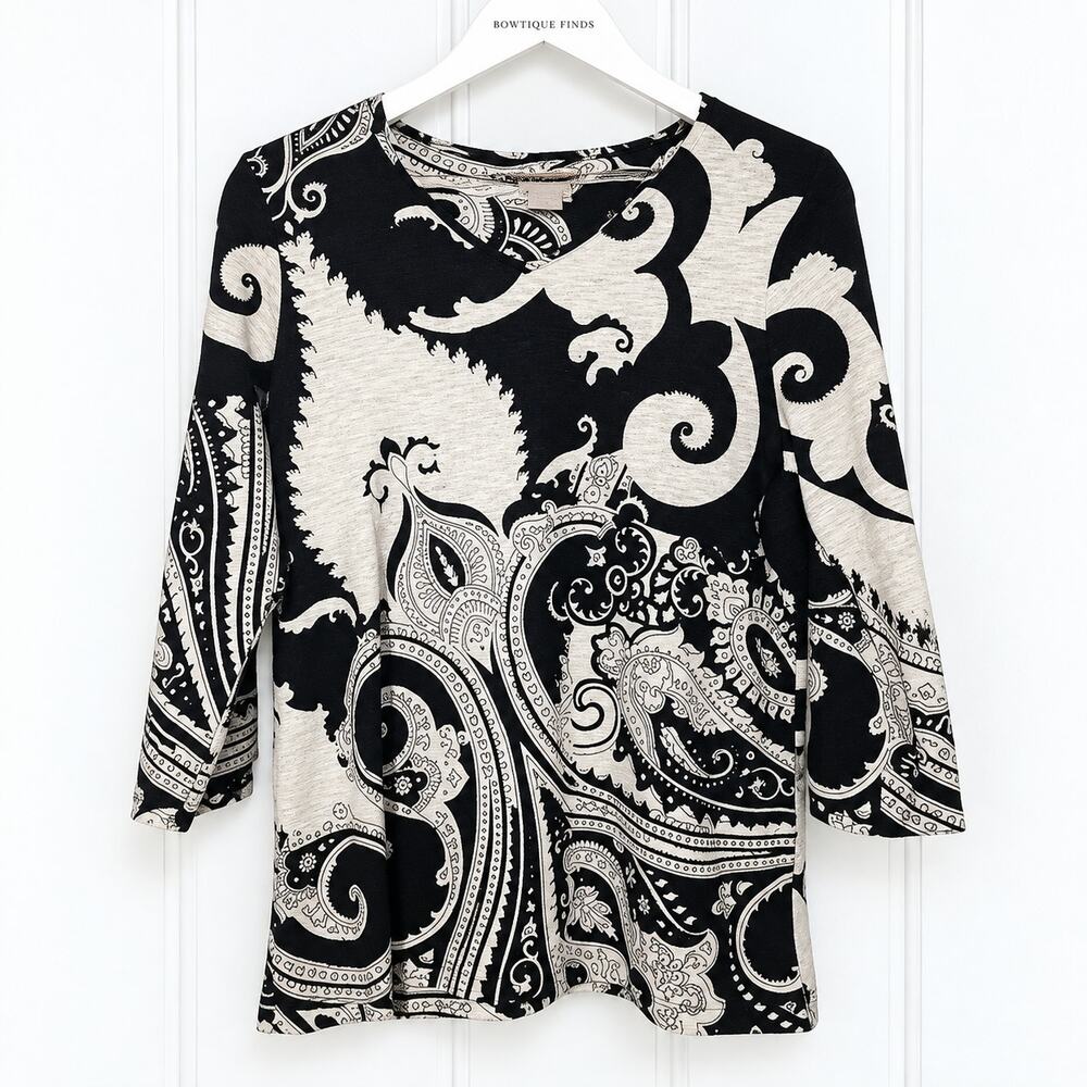 Chico's Paisley Top Womens 0 Small Black White Cotton Modal 3/4 Sleeve